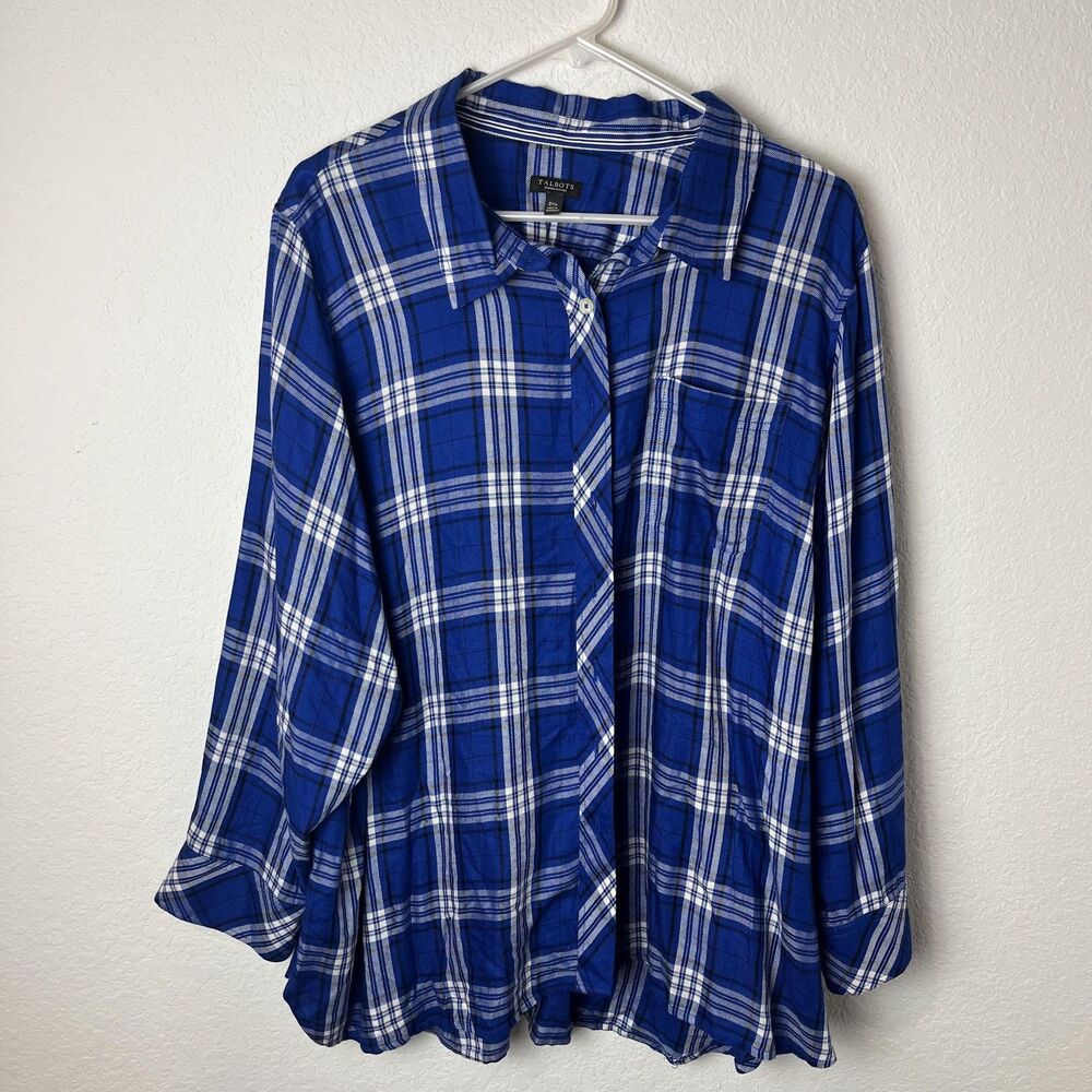 Talbots Shirt Womens 3X Petite Blue Plaid Button Down Long Sleeve Blouse Rayon